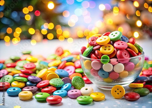 Colorful assortment of button-shaped candies in various sizes and colors, scattered on a white background, against a blurred festive holiday setting. photo