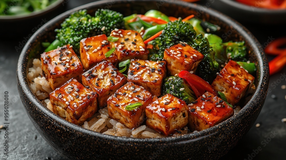 Vibrant Vegetable Stir-Fry with Tofu Over Brown Rice - Healthy Vegetarian Meal with Sesame Seeds Garnish Vibrant Vegetable Stir-Fry with Tofu Over Brown Rice - Healthy Vegetarian Meal with Sesame Seeds Garnish