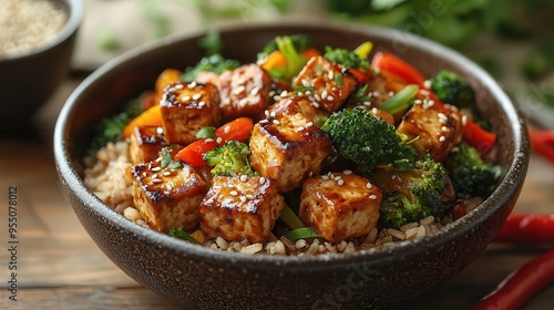 Vibrant Vegetable Stir-Fry with Tofu Over Brown Rice - Healthy Vegan Meal with Sesame Seeds Garnish