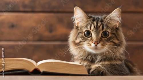 Adorable fluffy cat sitting next to an open book, with a wooden background. Perfect for pet, reading, and cozy lifestyle themes.