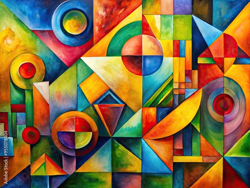 Colorful geometric shapes and fragmented forms converge in a vibrant abstract composition, blurring boundaries between reality and artistic expression, evoking cubist influences. photo