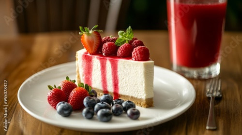 Cheesecake with red berries and a glass of juice.