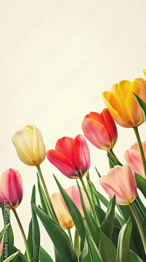 A symphony of colors: Delicate tulips bloom against a soft, creamy background, whispering tales of springtime joy. A symphony of colors: Delicate tulips bloom against a soft, creamy background, whispering tales of springtime joy.