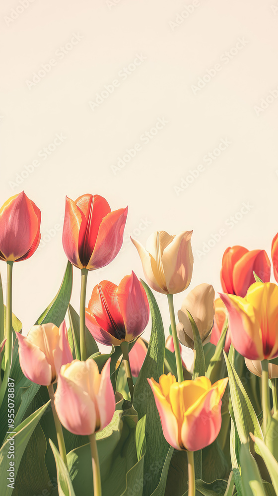 A vibrant burst of color as tulips bloom in a field bathed in warm sunlight. A vibrant burst of color as tulips bloom in a field bathed in warm sunlight.