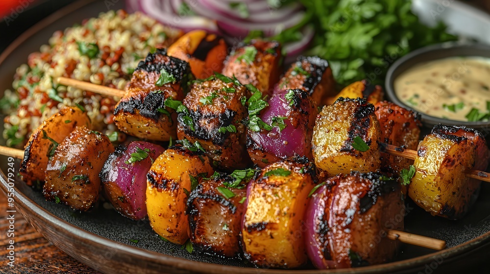 Fresh Grilled Vegetable Kebabs with Quinoa and Lemon-Tahini Dressing on Plate Fresh Grilled Vegetable Kebabs with Quinoa and Lemon-Tahini Dressing on Plate
