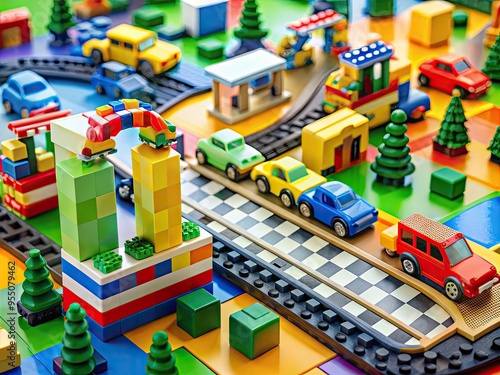 Colorful toy blocks form a miniature racing track with start and finish lines, surrounded by various racing vehicles and obstacles in a playful setting. photo