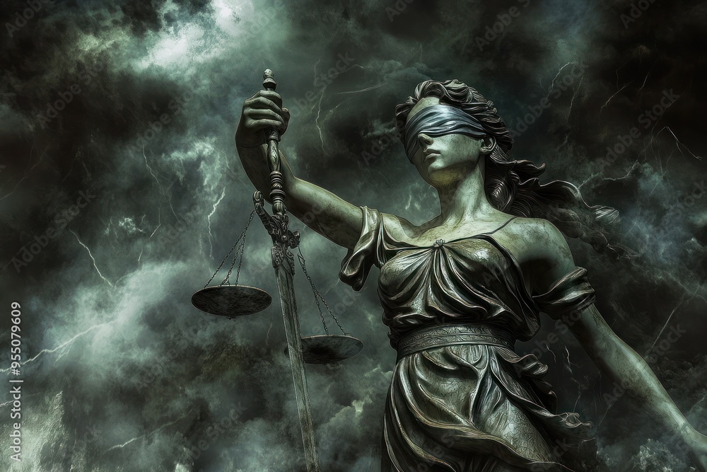 Blindfolded Lady Justice holding scales in dark storm Blindfolded Lady Justice holding scales in dark storm