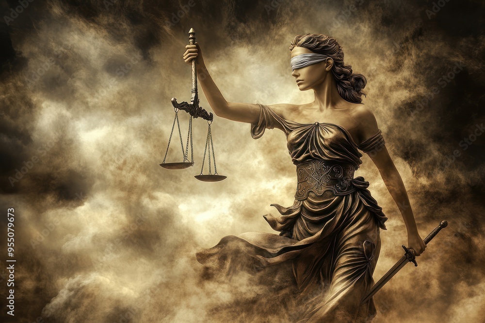 Fototapeta premium Lady Justice with scales and sword in golden light