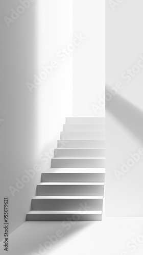 A Simple Yet Striking Perspective: A White Staircase Ascending into a Sunlit Room