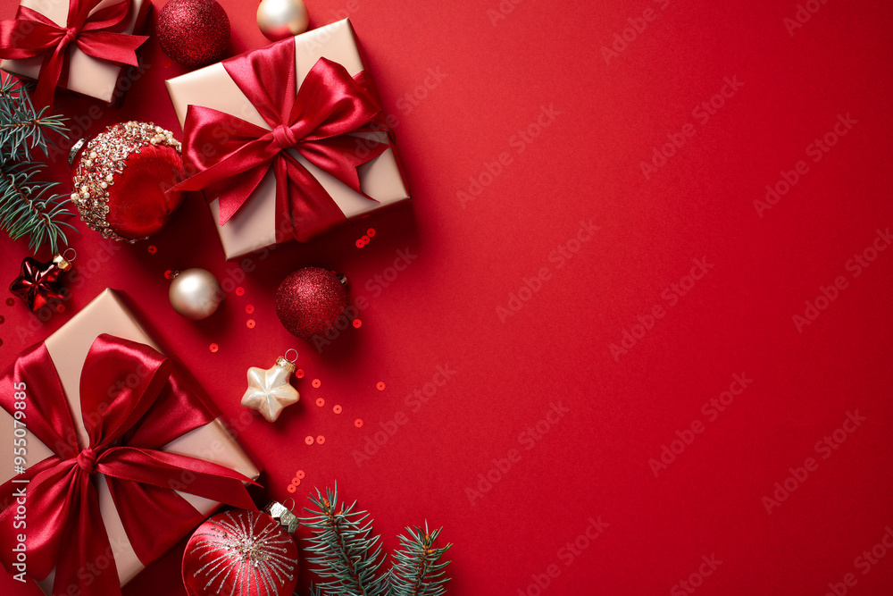 Festive Christmas Composition with gift boxes with red ribbons, Christmas ornaments, and pine branches on a red background. Perfect for holiday promotions, greeting cards, and festive designs Festive Christmas Composition with gift boxes with red ribbons, Christmas ornaments, and pine branches on a red background. Perfect for holiday promotions, greeting cards, and festive designs