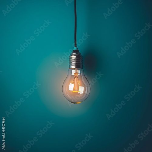 Lit Incandescent Light Bulb On Blue Background