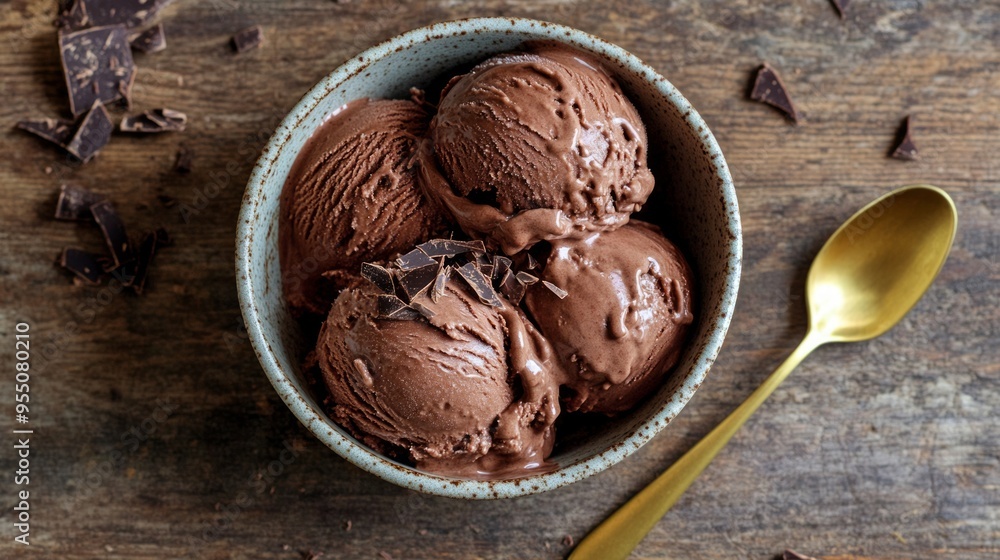 Chocolate ice cream scoops in a bowl with chocolate shavings. Chocolate ice cream scoops in a bowl with chocolate shavings.