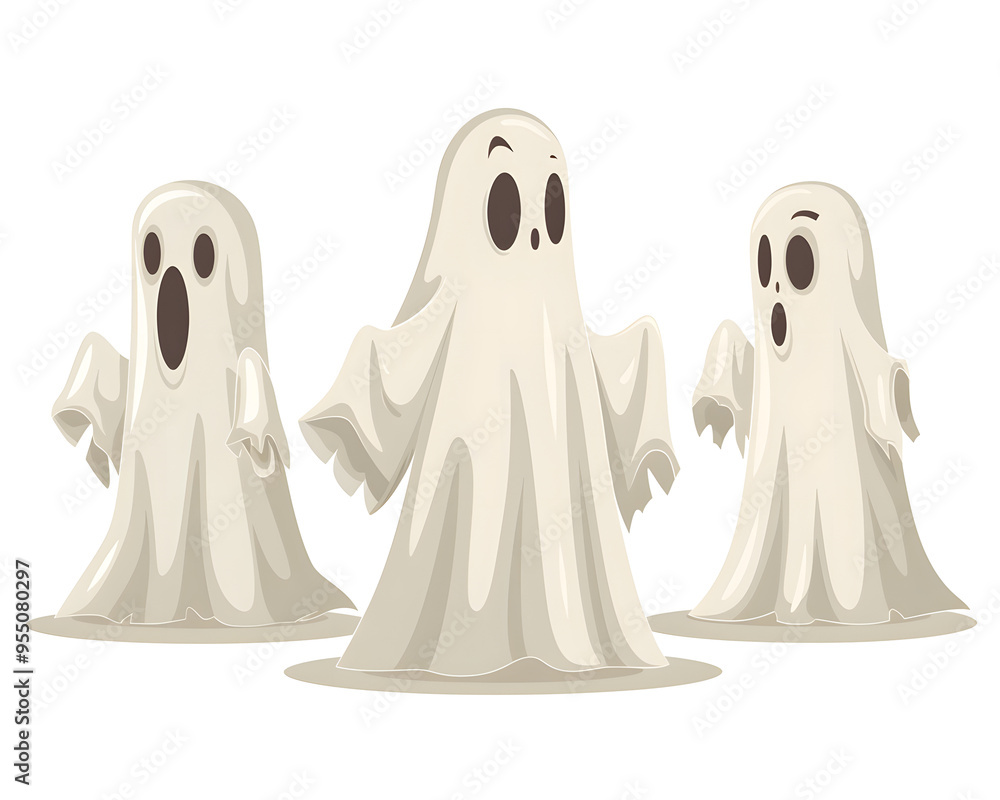 Boo Crew: Three friendly cartoon ghosts, each with a unique expression, stand side by side in a playful Halloween scene. Perfect for spooky season greetings and whimsical designs. Boo Crew: Three friendly cartoon ghosts, each with a unique expression, stand side by side in a playful Halloween scene. Perfect for spooky season greetings and whimsical designs.