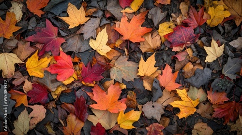 Autumn leaves in a scattered arrangement on the forest floor with warm, vibrant colors and a soft-focus background