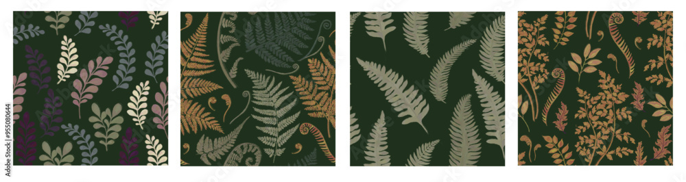 Fototapeta premium Set of seamless botanical patterns in vintage retro style. Leaves, fern and golden bushes on a green background.