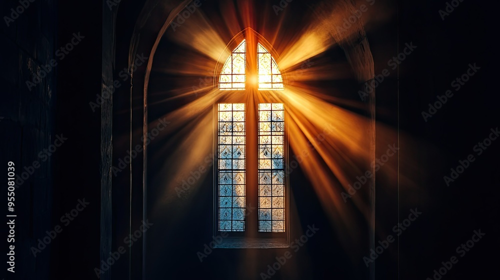 Light shining through a cross-shaped window, symbolizing hope and faith in Christianity.
