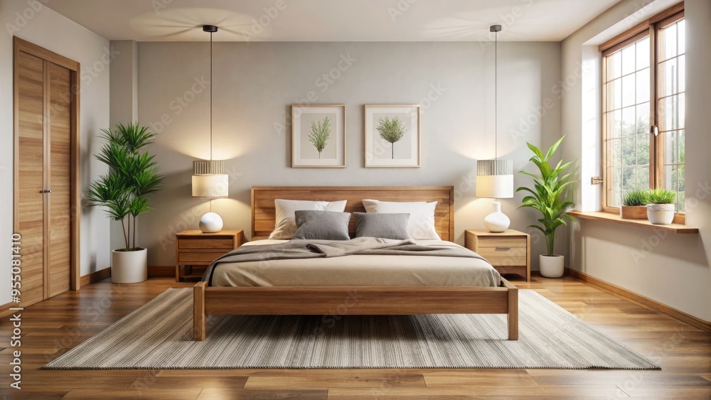 Cozy bedroom with minimal decor, featuring a sleek wooden bed frame, modern nightstand, and empty space, ready for furniture rearrangement and redecorating. Cozy bedroom with minimal decor, featuring a sleek wooden bed frame, modern nightstand, and empty space, ready for furniture rearrangement and redecorating.