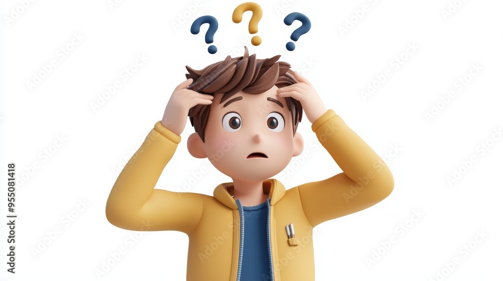 3D character with hands on head and question marks
