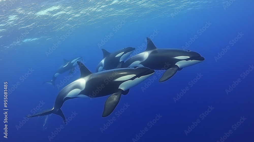 Fototapeta premium A group of orcas swimming gracefully in deep blue ocean waters.