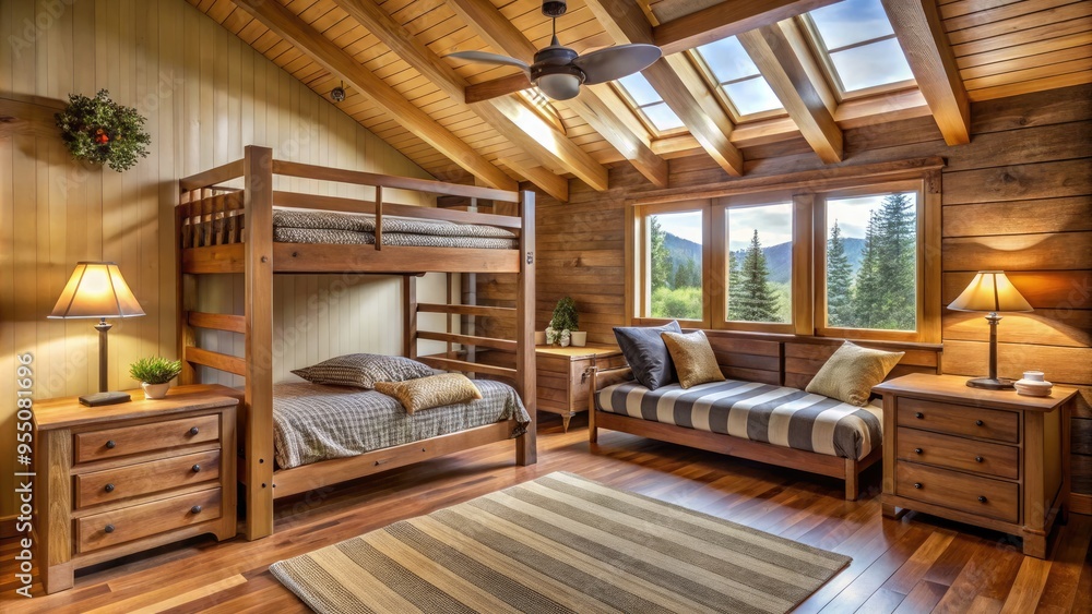 Cozy bunkloft bedroom features a sturdy wooden frame, comfortable mattresses, and a matching furniture set, including a dresser and nightstand, in a warm, inviting atmosphere. Cozy bunkloft bedroom features a sturdy wooden frame, comfortable mattresses, and a matching furniture set, including a dresser and nightstand, in a warm, inviting atmosphere.