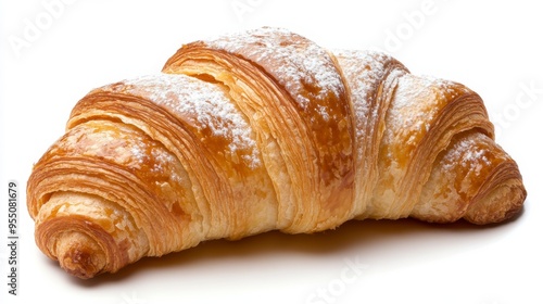 A delicious, flaky croissant dusted with powdered sugar, perfect for breakfast or dessert. Freshly baked and inviting.