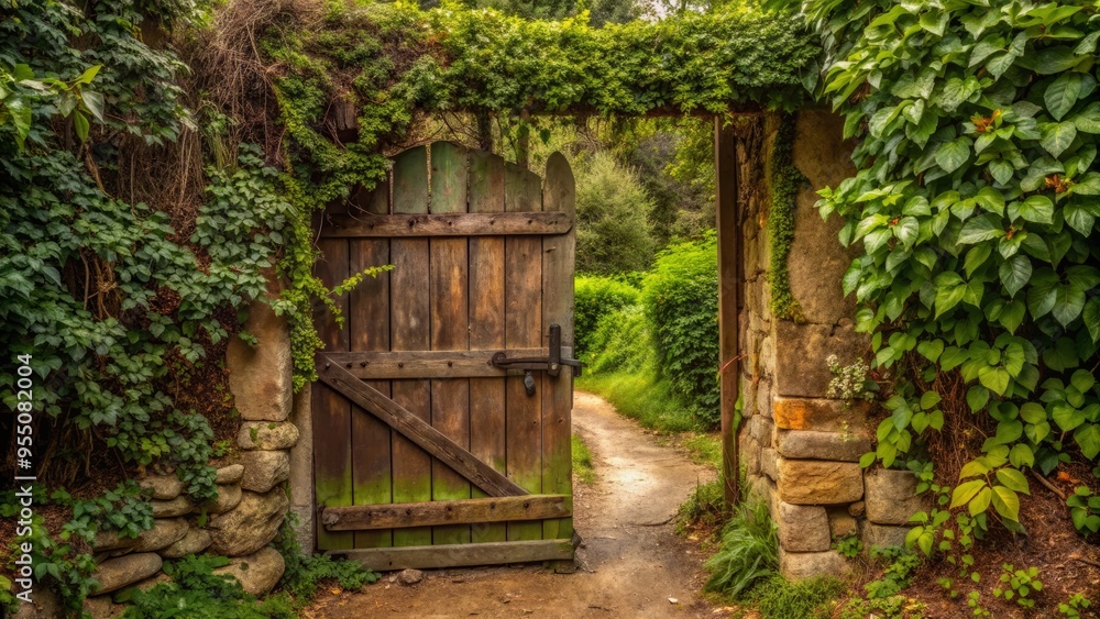 Rustic wooden gate with worn iron hinges and overgrown vines blocking a narrow dirt path, conveying a sense of restricted entry and seclusion. Rustic wooden gate with worn iron hinges and overgrown vines blocking a narrow dirt path, conveying a sense of restricted entry and seclusion.