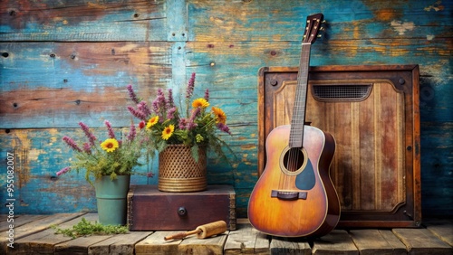 Rustic wooden guitar leans against a vintage amplifier on a faded denim background, surrounded by colorful handwritten lyrics and wildflower patterns. photo