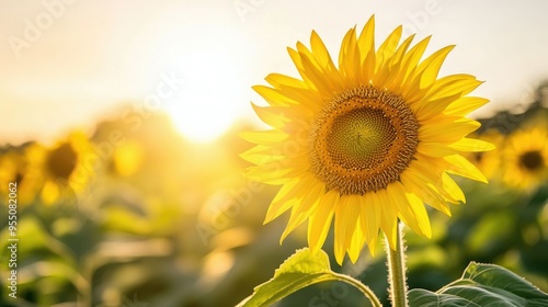 Close-up of a bright yellow sunflower with its head turned towards the sun, against a clear sky