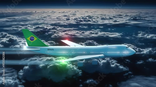 Wallpaper Mural Commercial Airliner Passanger Plane Jumbo Jet Flying at Night over Clouds with Country Flag Brazil Torontodigital.ca