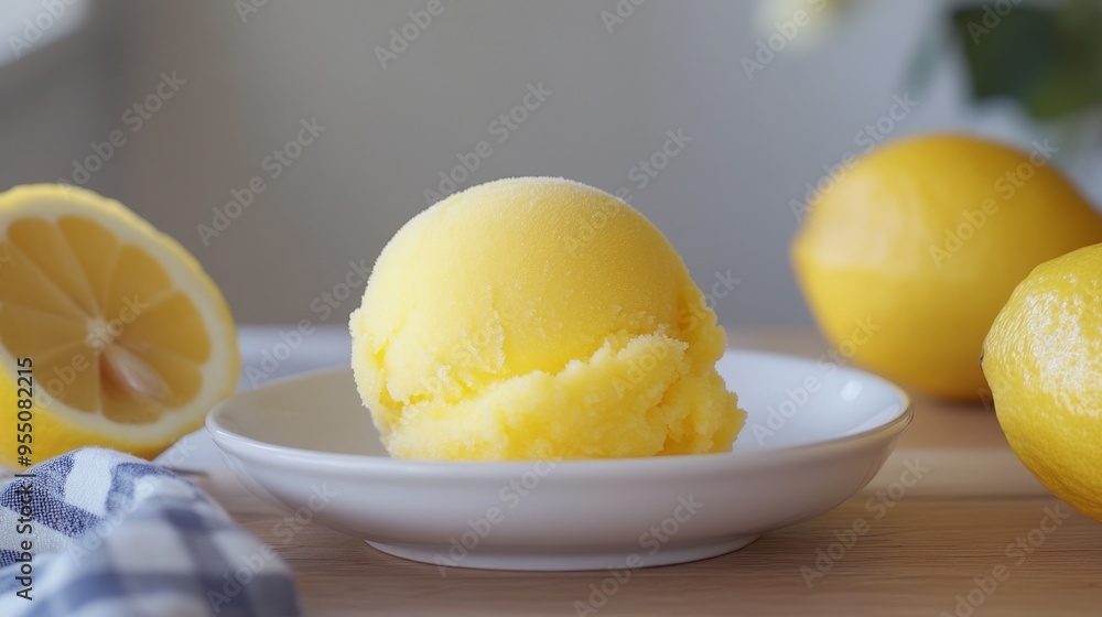 Close up of a lemon sorbet in a white bowl, next to lemons. Close up of a lemon sorbet in a white bowl, next to lemons.