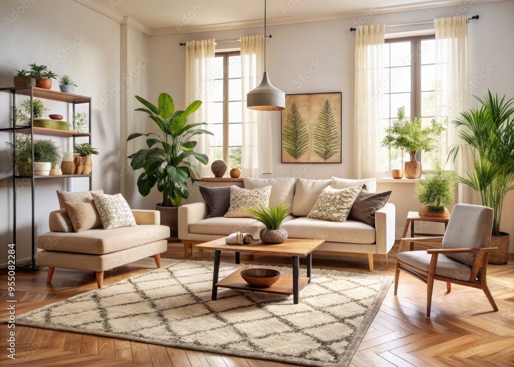 Cozy living room interior featuring a plush, cream-colored Moroccan-inspired area rug with intricate pattern and subtle fringe, surrounded by modern furniture and plants. Cozy living room interior featuring a plush, cream-colored Moroccan-inspired area rug with intricate pattern and subtle fringe, surrounded by modern furniture and plants.