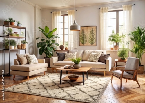 Cozy living room interior featuring a plush, cream-colored Moroccan-inspired area rug with intricate pattern and subtle fringe, surrounded by modern furniture and plants.