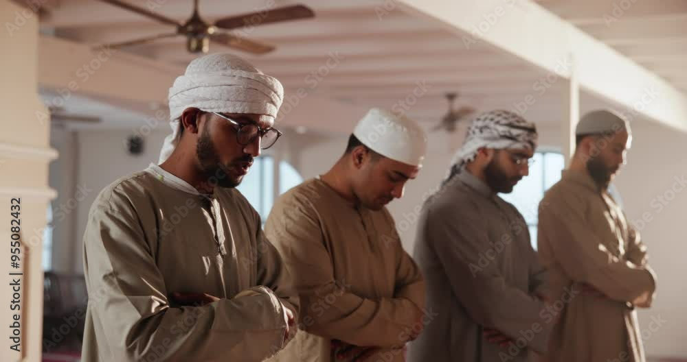Men, islam and praying with salah at mosque in jamaah for holy gathering, spiritual faith or worship. Muslim man, friends or group in takbir, glorifying god or allah for religious belief together Men, islam and praying with salah at mosque in jamaah for holy gathering, spiritual faith or worship. Muslim man, friends or group in takbir, glorifying god or allah for religious belief together