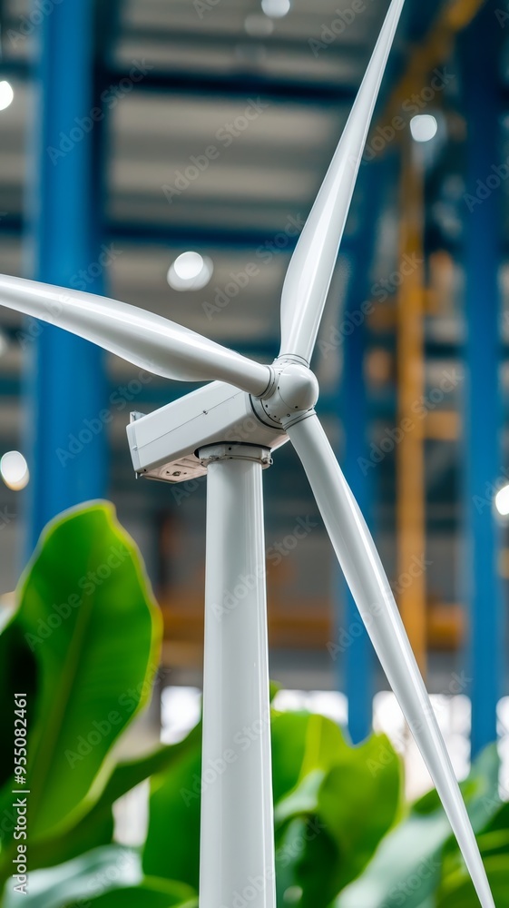close-up of wind turbine blade in factory setting with green greenery in the background - renewable energy technology and innovation.