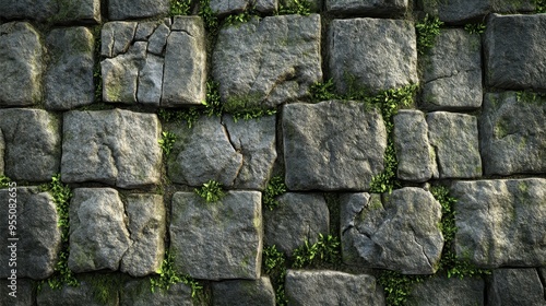 The textured stone wall displays moss and weathered stones, revealing its age and adding depth to the natural environment