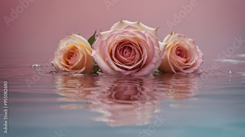 Roses in water with ripple on pink background. photo