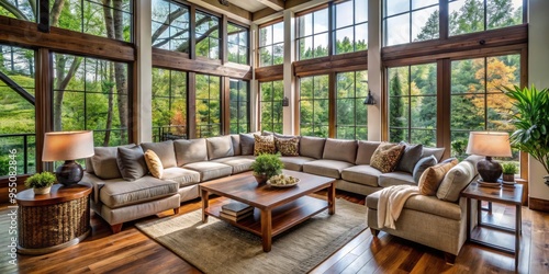 Cozy living room with plush sectional sofa, rustic wooden coffee table, and floor-to-ceiling windows overlooking lush greenery in a serene Greensboro residence.