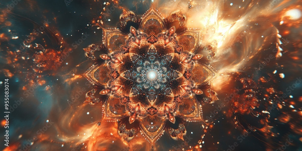 Intricate geometric mandala amidst cosmic flames. Intricate geometric mandala amidst cosmic flames.