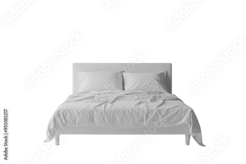 Modern double bed with pillows and blankets in gray color isolated on transparent background. Bedroom furniture