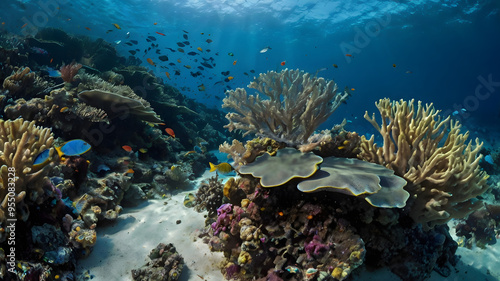 Wallpaper Mural coral reef and fish coral reef and fish on a blue sea, big blue ocean, clear water, ai generated Torontodigital.ca