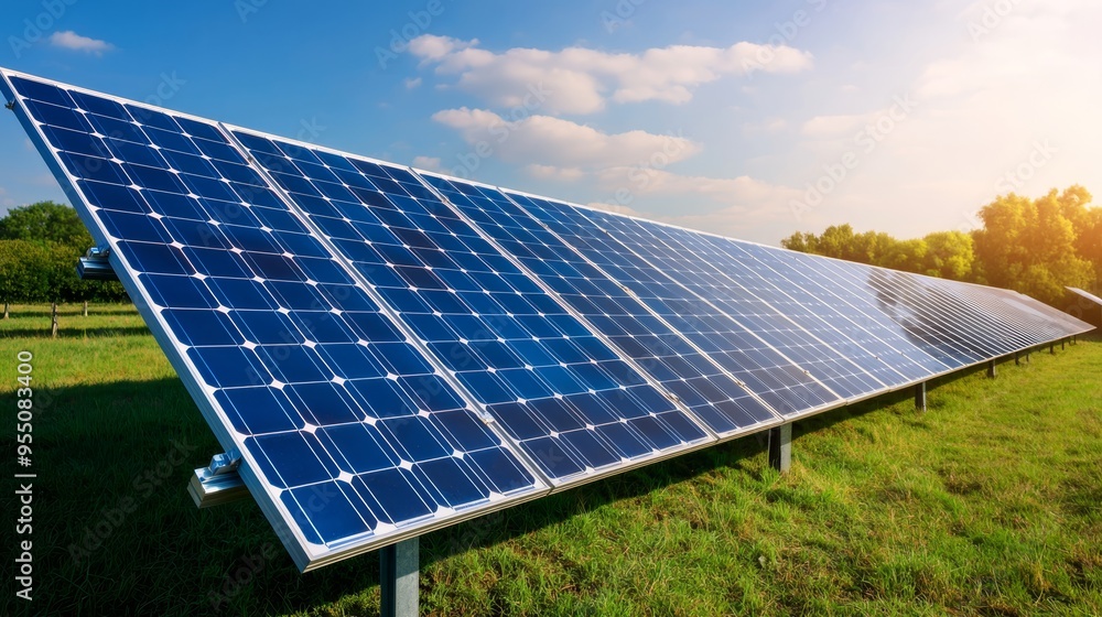 sustainable energy solution closeup of solar panels in a field with a blue sky and clouds. sustainable energy solution closeup of solar panels in a field with a blue sky and clouds.