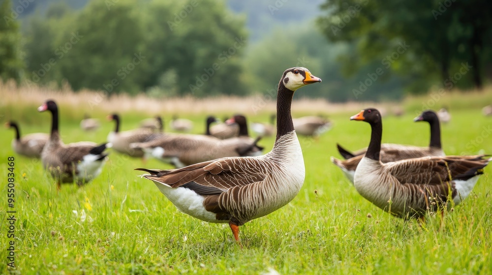 A flock of geese in a pasture, representing livestock diversity and poultry farming. A flock of geese in a pasture, representing livestock diversity and poultry farming.