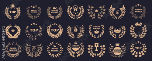 Award winner emblem with laurel wreath. Top award badges collection