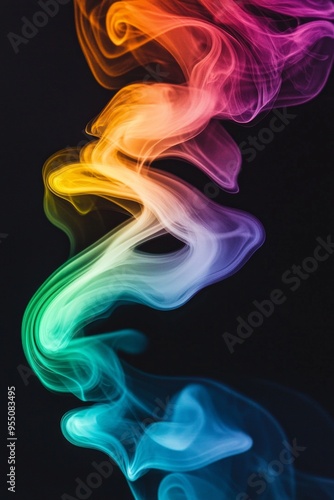 A rainbow-colored swirl of smoke rising against a pitch-black background, creating a dynamic and fluid motion. 