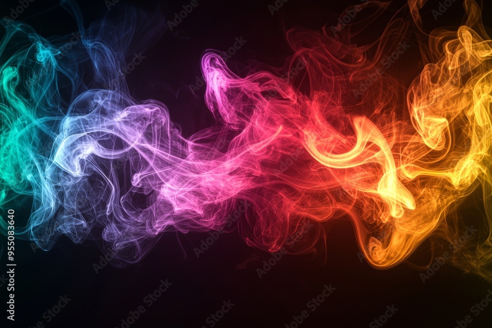 A rainbow-colored swirl of smoke rising against a pitch-black background, creating a dynamic and fluid motion. A rainbow-colored swirl of smoke rising against a pitch-black background, creating a dynamic and fluid motion.