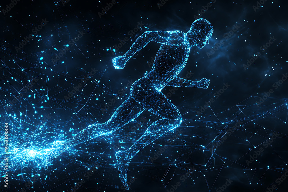 An abstract digital background banner featuring the image of a running man An abstract digital background banner featuring the image of a running man