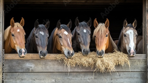A group of horses in a stable, symbolizing livestock care and equestrian farming.