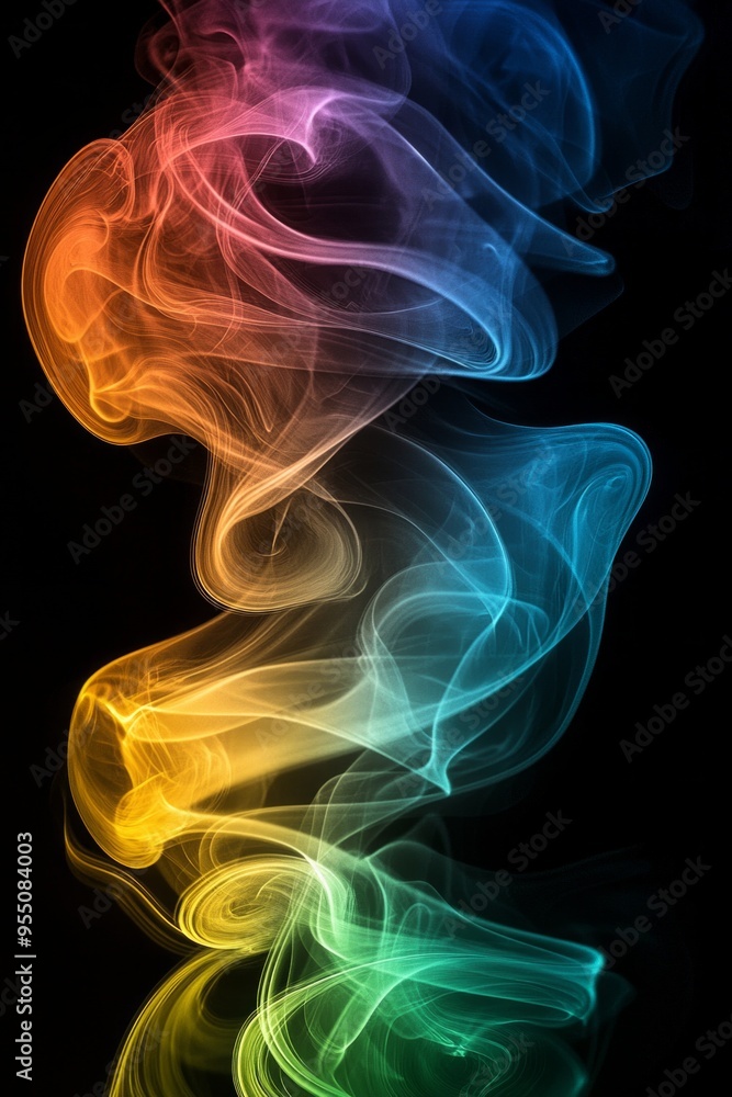 A rainbow-colored swirl of smoke rising against a pitch-black background, creating a dynamic and fluid motion. A rainbow-colored swirl of smoke rising against a pitch-black background, creating a dynamic and fluid motion.