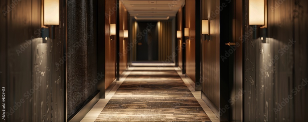 A serene hotel corridor featuring elegant, modern wall lights casting soft illumination on dark walls and carpeted floor, creating a calm, luxurious atmosphere suitable for relaxation A serene hotel corridor featuring elegant, modern wall lights casting soft illumination on dark walls and carpeted floor, creating a calm, luxurious atmosphere suitable for relaxation