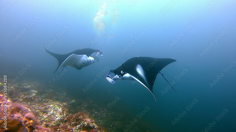Fototapeta premium Two manta rays swimming gracefully over a coral reef in clear blue waters.